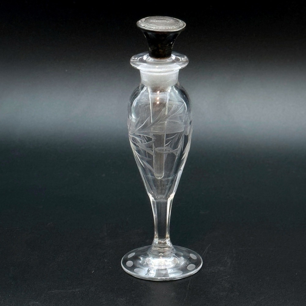 Vintage Etched Floral Cut Glass Perfume Bottle with Metal Top Dauber Stopper 6"